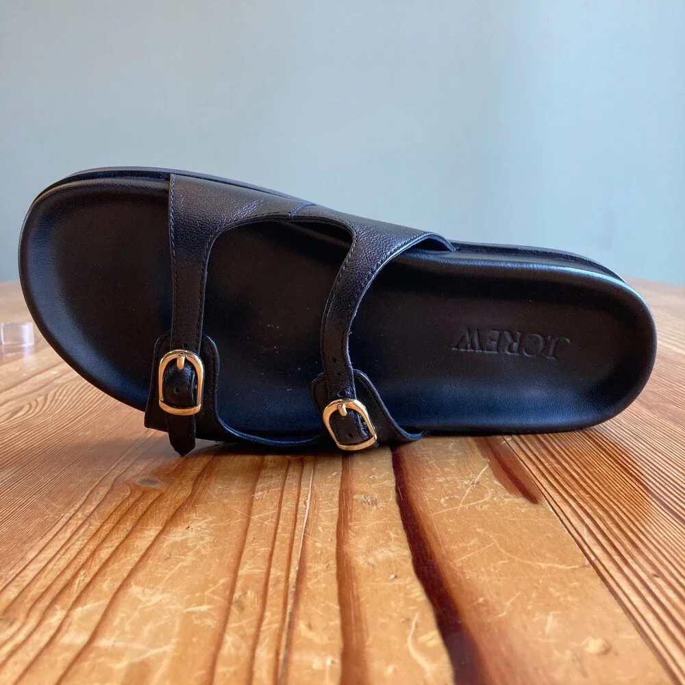 J Crew $198 Black Leather New Colbie Buckle Two Strap Sandals - Size 7 - 1122KP